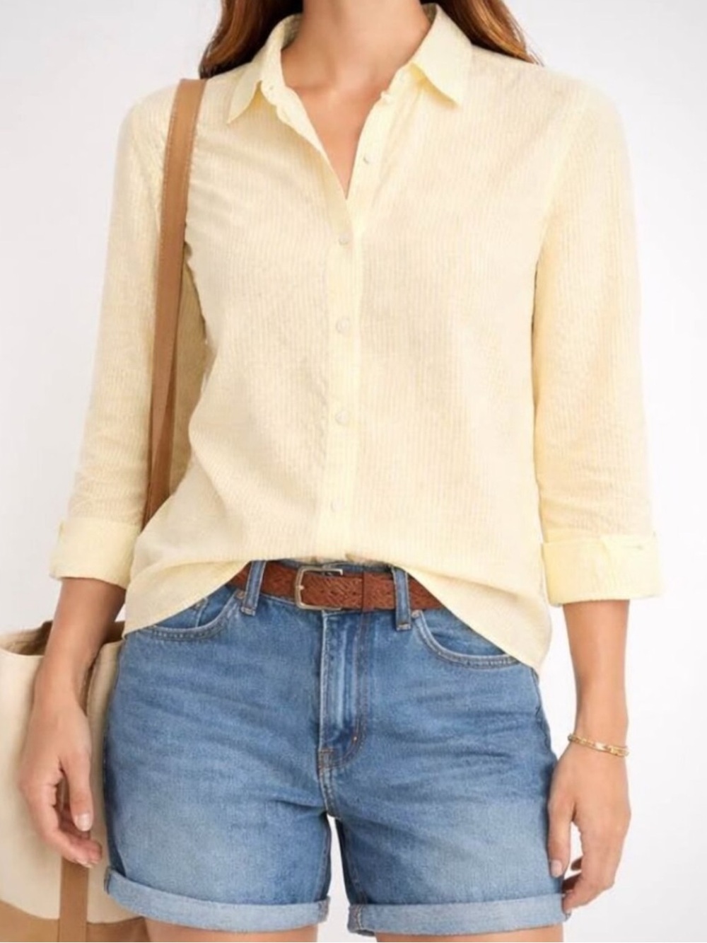 LL Bean Seersucker Butter Yellow Button Striped Coastal Top (XL)